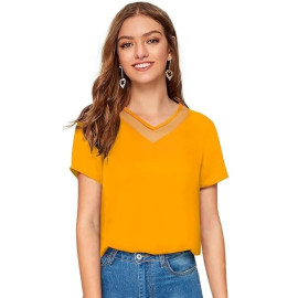 Women Western Insert V-Neck Yellow T-Shirt, Short Sleeve Tops for Woman