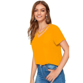 Women Western Insert V-Neck Yellow T-Shirt, Short Sleeve Tops for Woman
