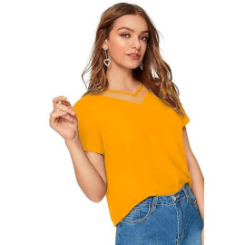 Women Western Insert V-Neck Yellow T-Shirt, Short Sleeve Tops for Woman