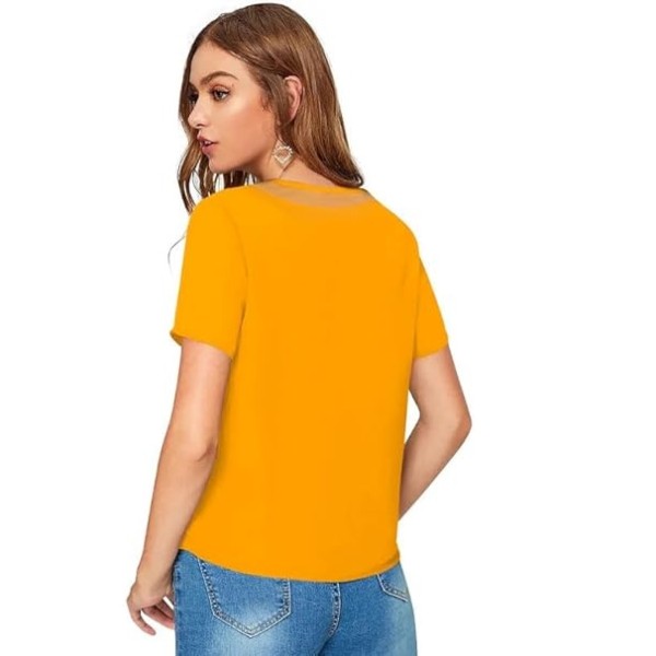 Women Western Insert V-Neck Yellow T-Shirt, Short Sleeve Tops for Woman
