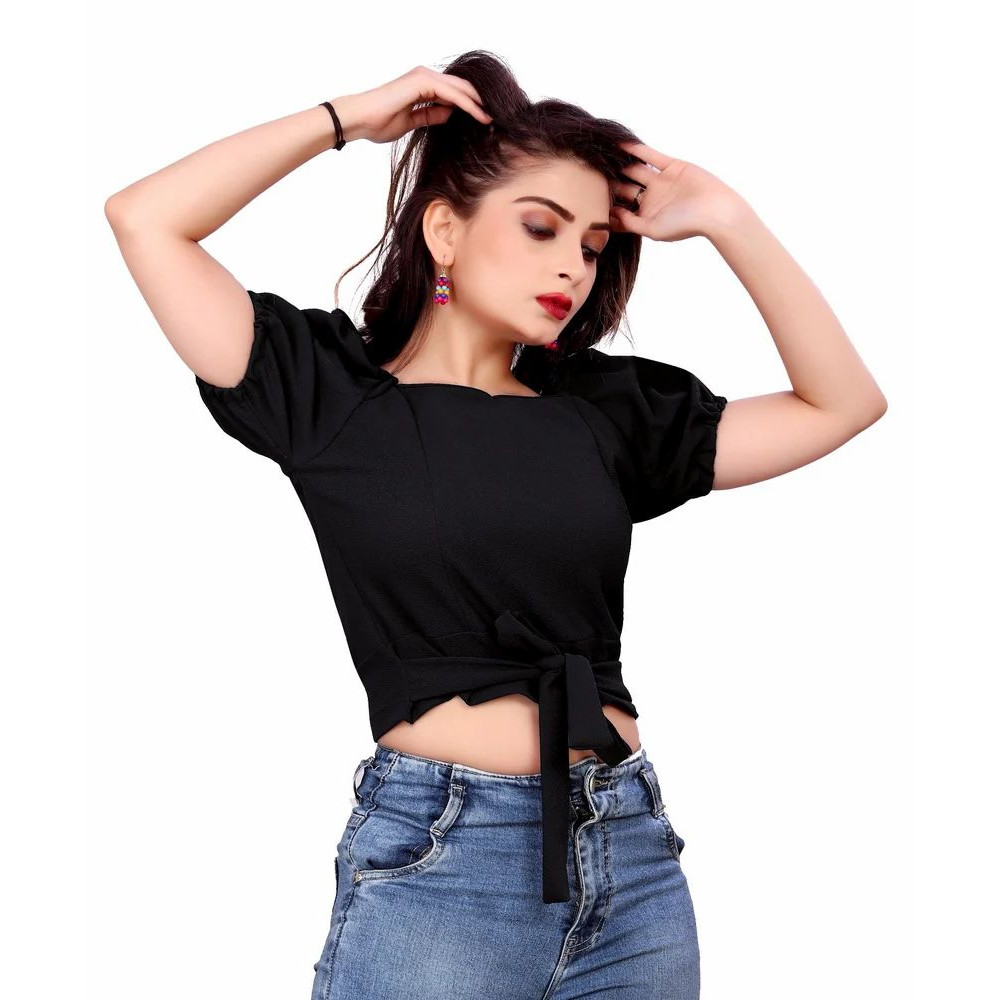 Polyester Puff Sleeve Ladies Crop Top, Solid, Black