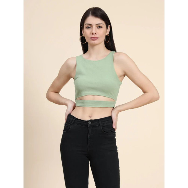 Solid Keri Perry Women's Pastel Green Lycra Cut Out Crop Top (LABHU041), Sleeveless