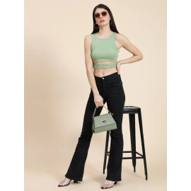 Solid Keri Perry Women's Pastel Green Lycra Cut Out Crop Top (LABHU041), Sleeveless