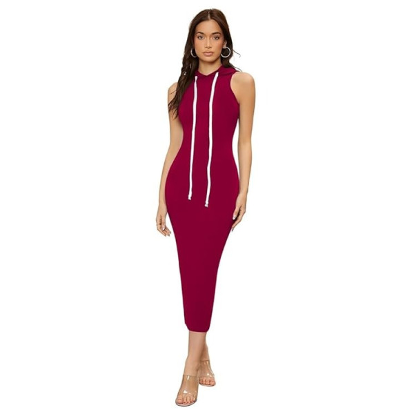 Women's Knitting Stretchable Solid Round Neck Sleeveless Dresses