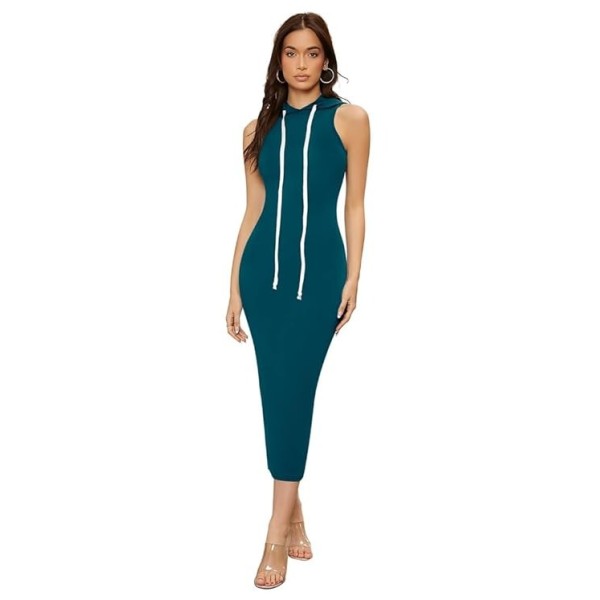 Women's Knitting Stretchable Solid Round Neck Sleeveless Dresses
