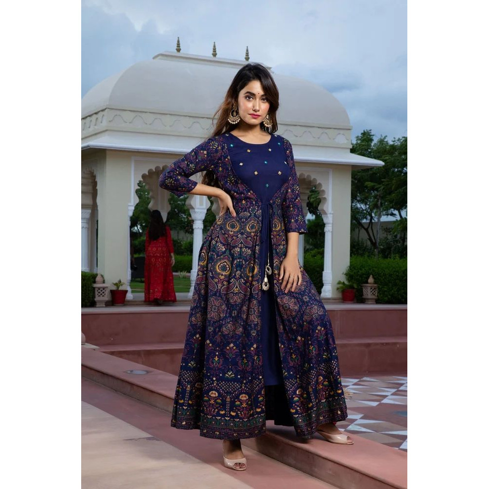 Trending & Pretty Long Gown with Beautiful Front Mirror Embroidery and Floral Print for Women's and Girls