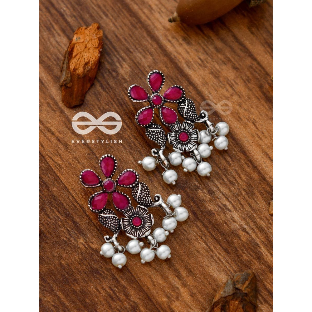 A Floral Fantasy' - Embellished Oxidised Earrings (Ruby Red)