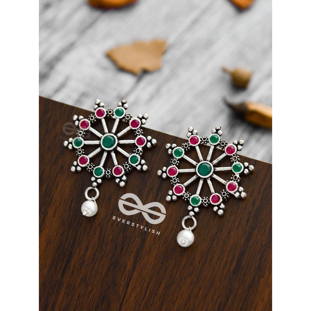 Steering My Own Ship' - Embellished Oxidised Earrings (Ruby-Emerald)