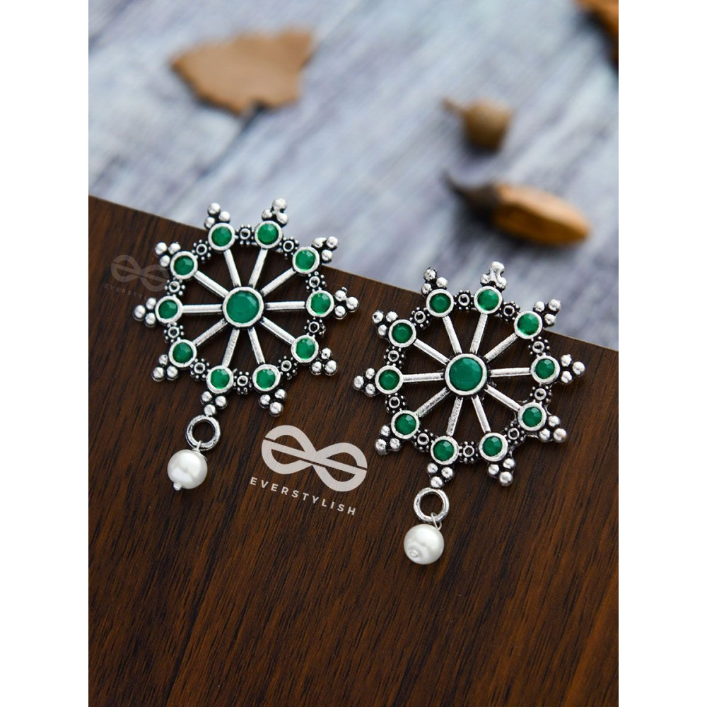 Steering My Own Ship' - Embellished Oxidised Earrings (Emerald Green)