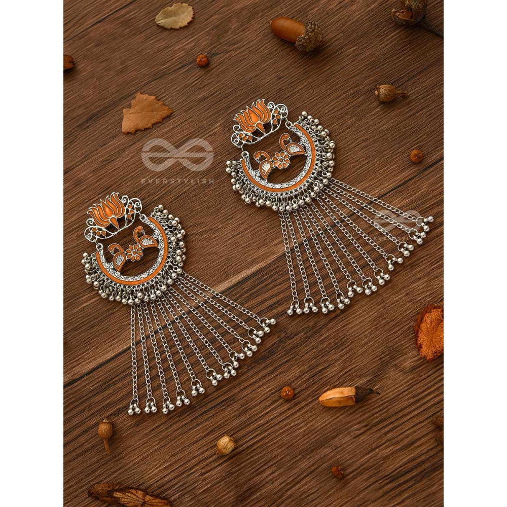THE DANGLING BLOOMING LOTUS - STATEMENT MEENAKARI EARRINGS (Pumpkin)'