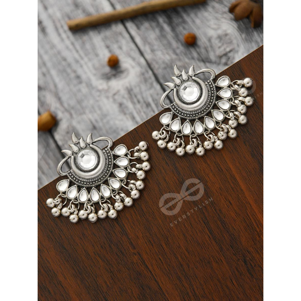 A Bohemian Tale - Embellished Oxidised Earrings (White)