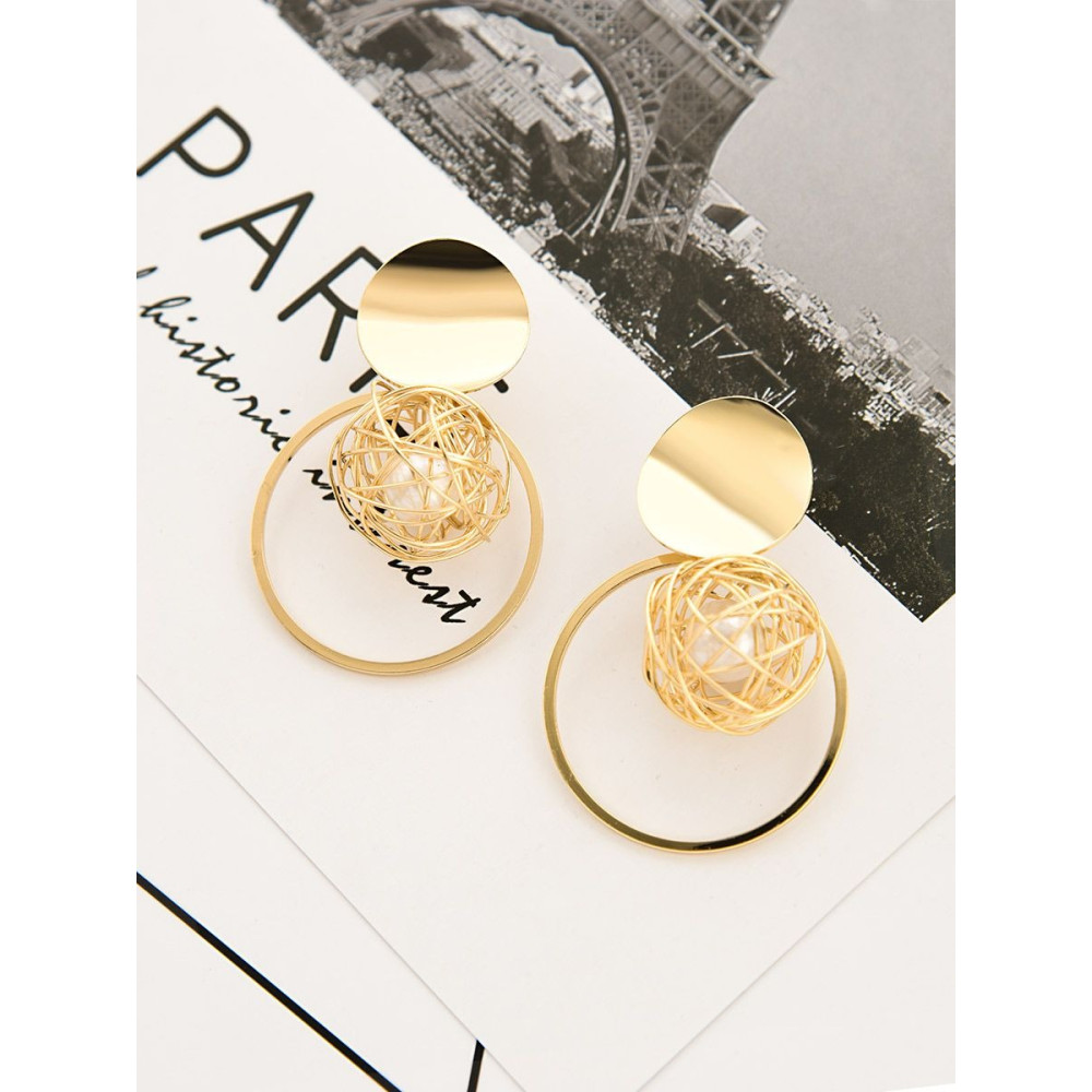 A Geometric Delight - Pearl in a Cage of Gold Earrings