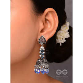 The Tinsel Swirls - Beaded Oxidised Jhumka Earrings (Blue)