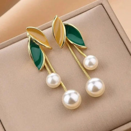 Zinc Alloy Green Leaf Shape Pearl Earing