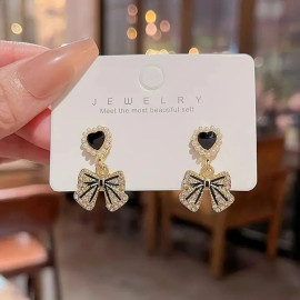 Alloy Golden Bow Heart Earring, Size: Adjustable