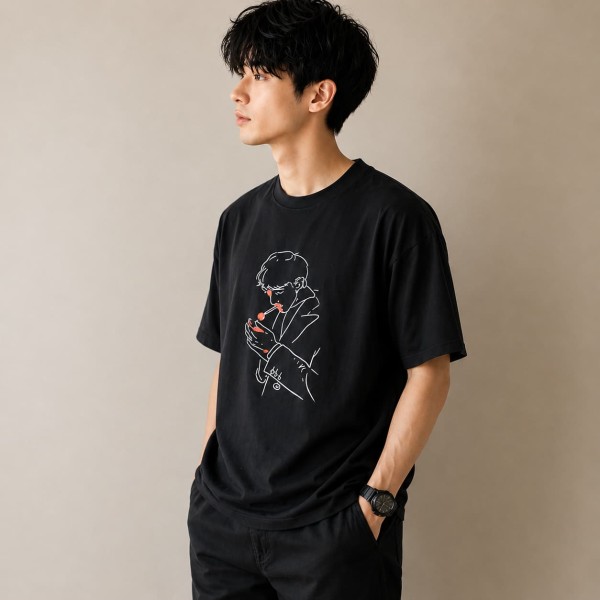Graphic Line Art Oversized T-Shirt - Black