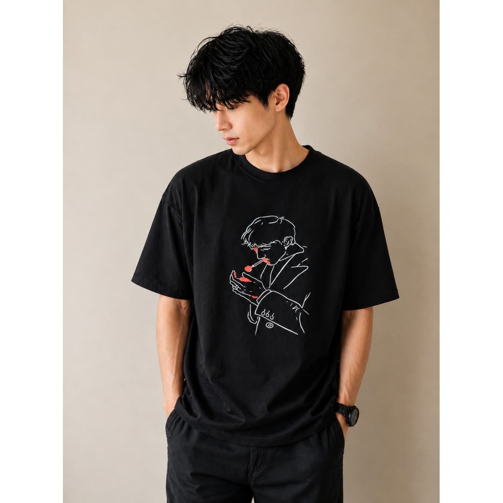 Graphic Line Art Oversized T-Shirt - Black