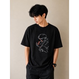 Graphic Line Art Oversized T-Shirt - Black