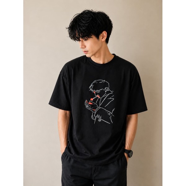 Graphic Line Art Oversized T-Shirt - Black