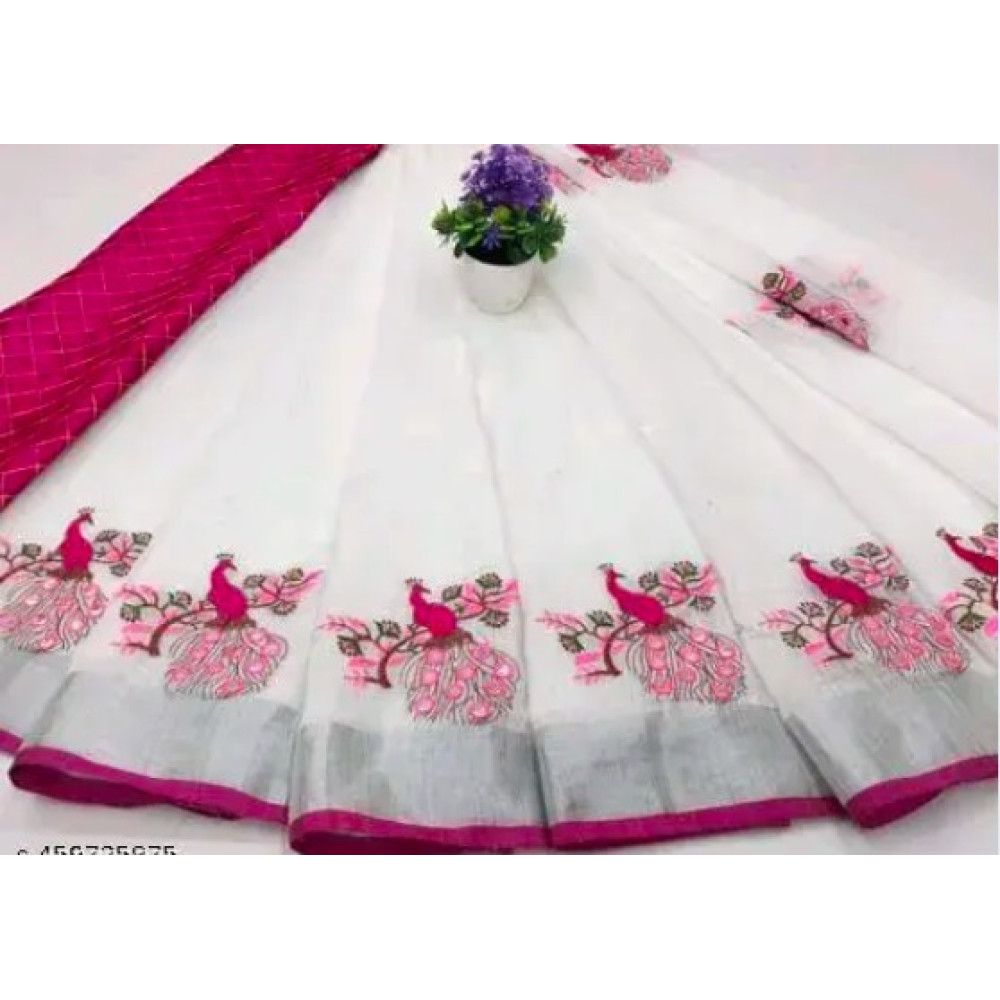 Cotton linen Embroidery work Saree