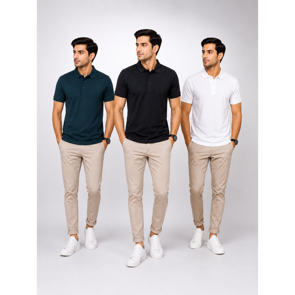 Aeropiq Polo Tees Combo Pack of 3 – Bottle Green, Black & White