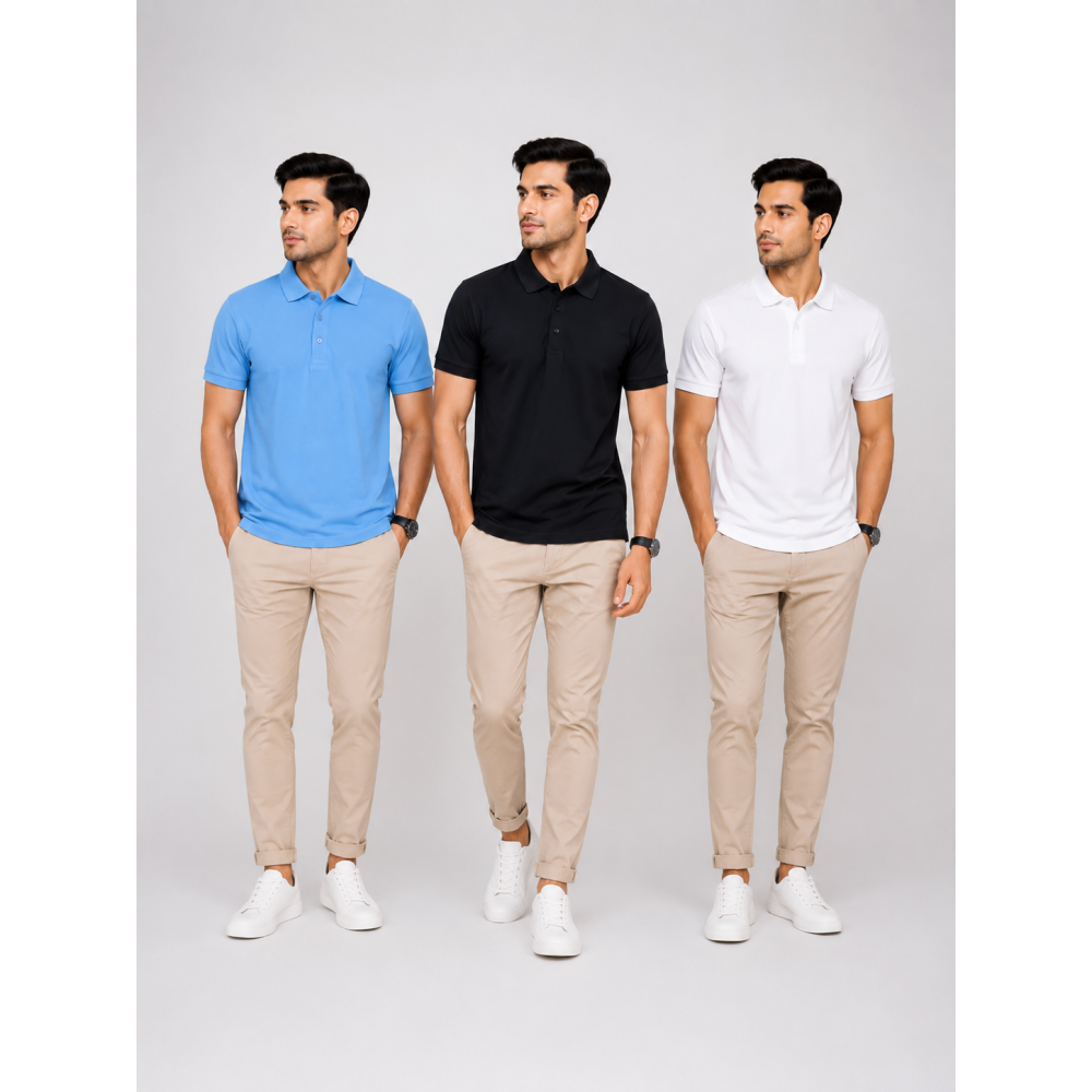 Aeropiq Polo Tees Combo Pack of 3 – Sky Blue, Black & White