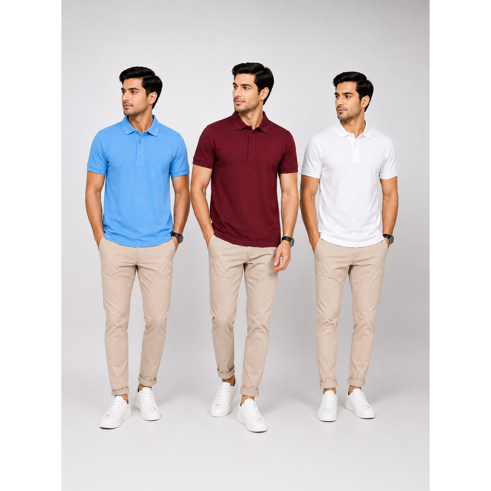 Aeropiq Polo Tees Combo Pack of 3 – Sky Blue, Maroon & White