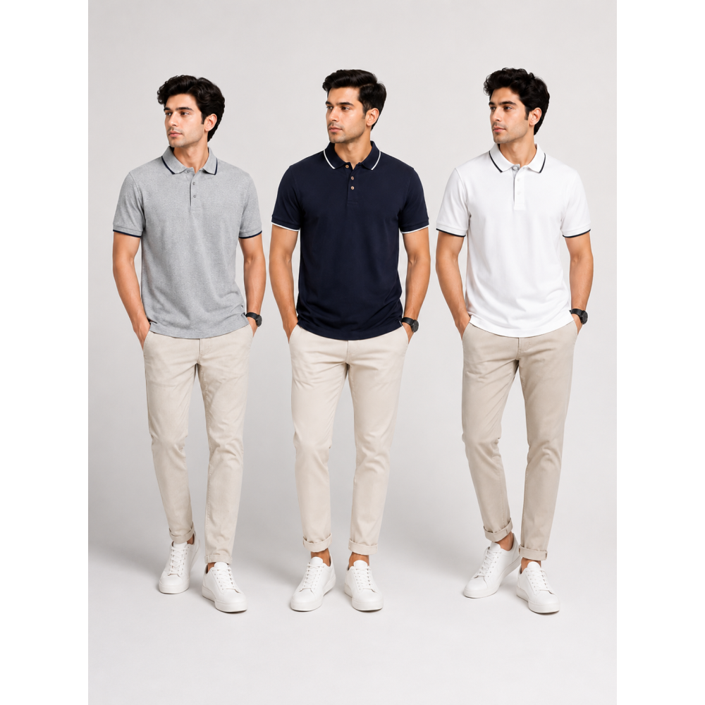 Ecoblend Polo Tees Combo Pack of 3 – Grey Melange, Black & White