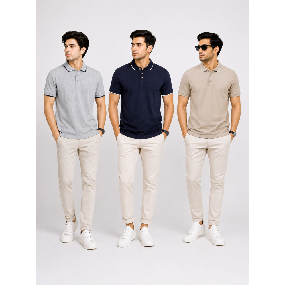 Ecoblend Polo Tees Combo Pack of 3 – Grey Melange, Black & Beige
