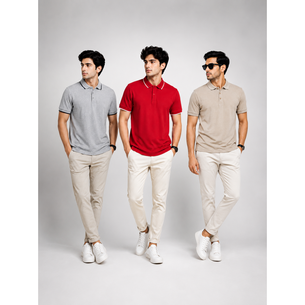 Ecoblend Polo Tees Combo Pack of 3 – Grey Melange, Red & Beige