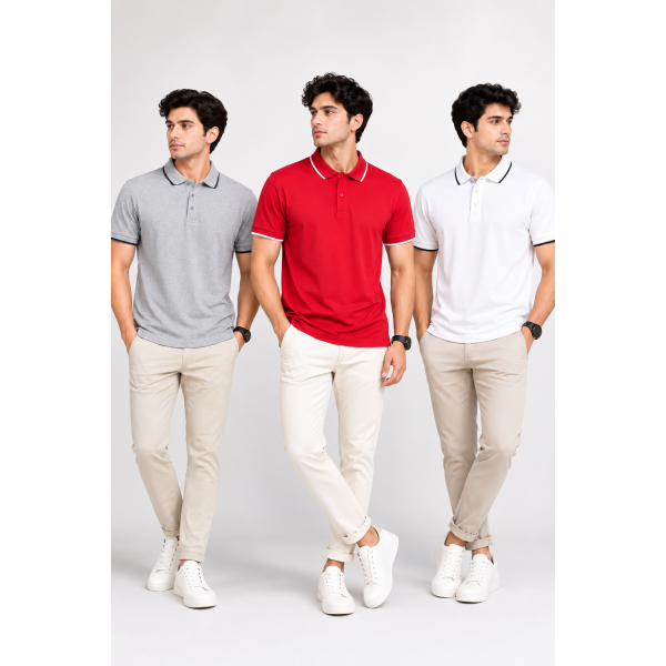 Ecoblend Polo Tees Combo Pack of 3 – Grey Melange, Red & White