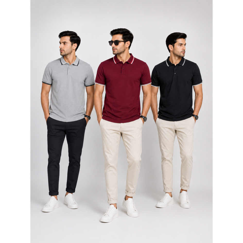 Primo Knit Dotcell Polo T-Shirts Combo Pack of 3 – Light Grey, Maroon & Black