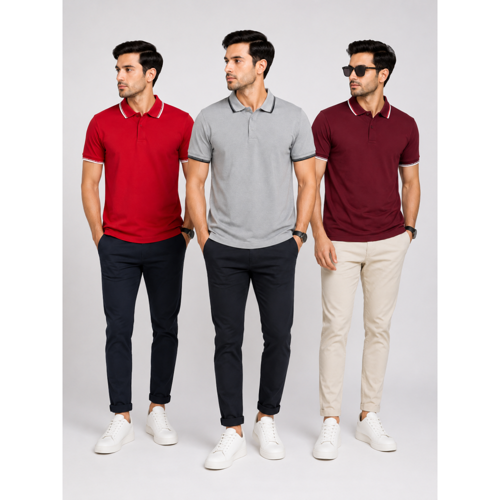 Primo Knit Dotcell Polo T-Shirts Combo Pack of 3 – Red, Light Grey & Maroon