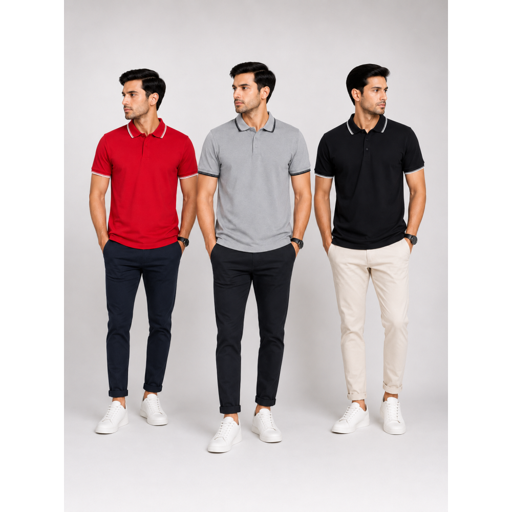 Primo Knit Dotcell Polo T-Shirts Combo Pack of 3 – Red, Light Grey & Black