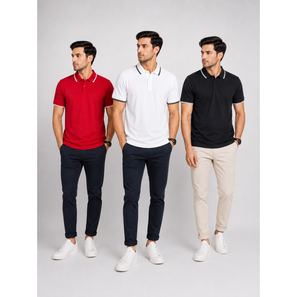 Primo Knit Dotcell Polo T-Shirts Combo Pack of 3 – Red, White & Black