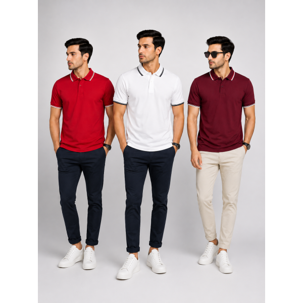 Primo Knit Dotcell Polo T-Shirts Combo Pack of 3 – Red, White & Maroon