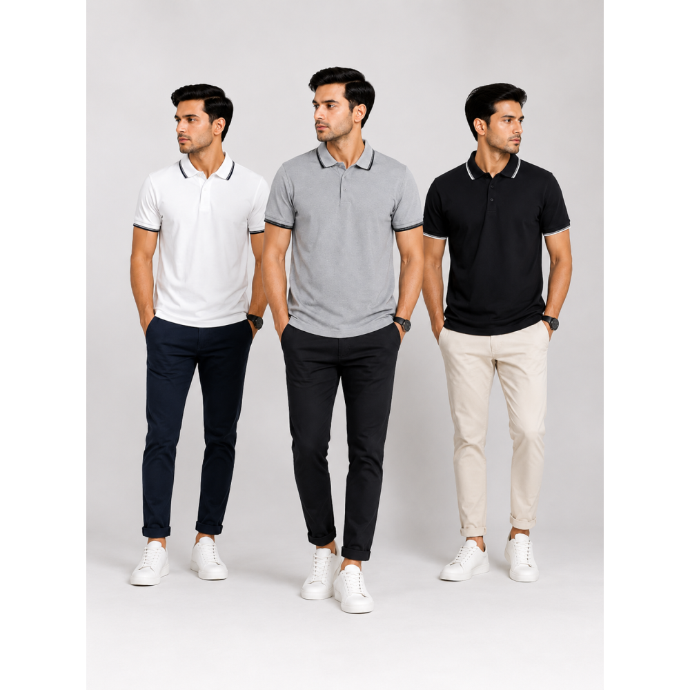 Primo Knit Dotcell Polo T-Shirts Combo Pack of 3 – White, Light Grey & Black