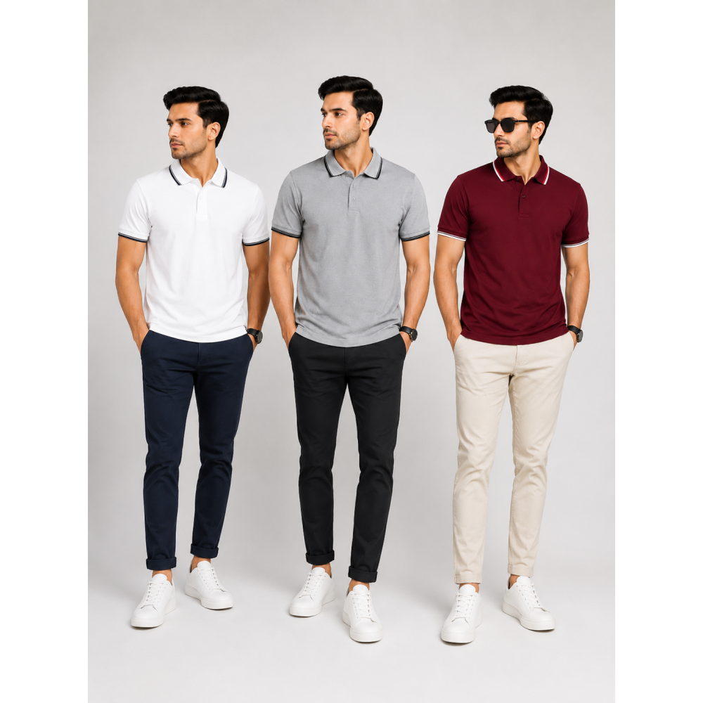 Primo Knit Dotcell Polo T-Shirts Combo Pack of 3 – White, Light Grey & Maroon