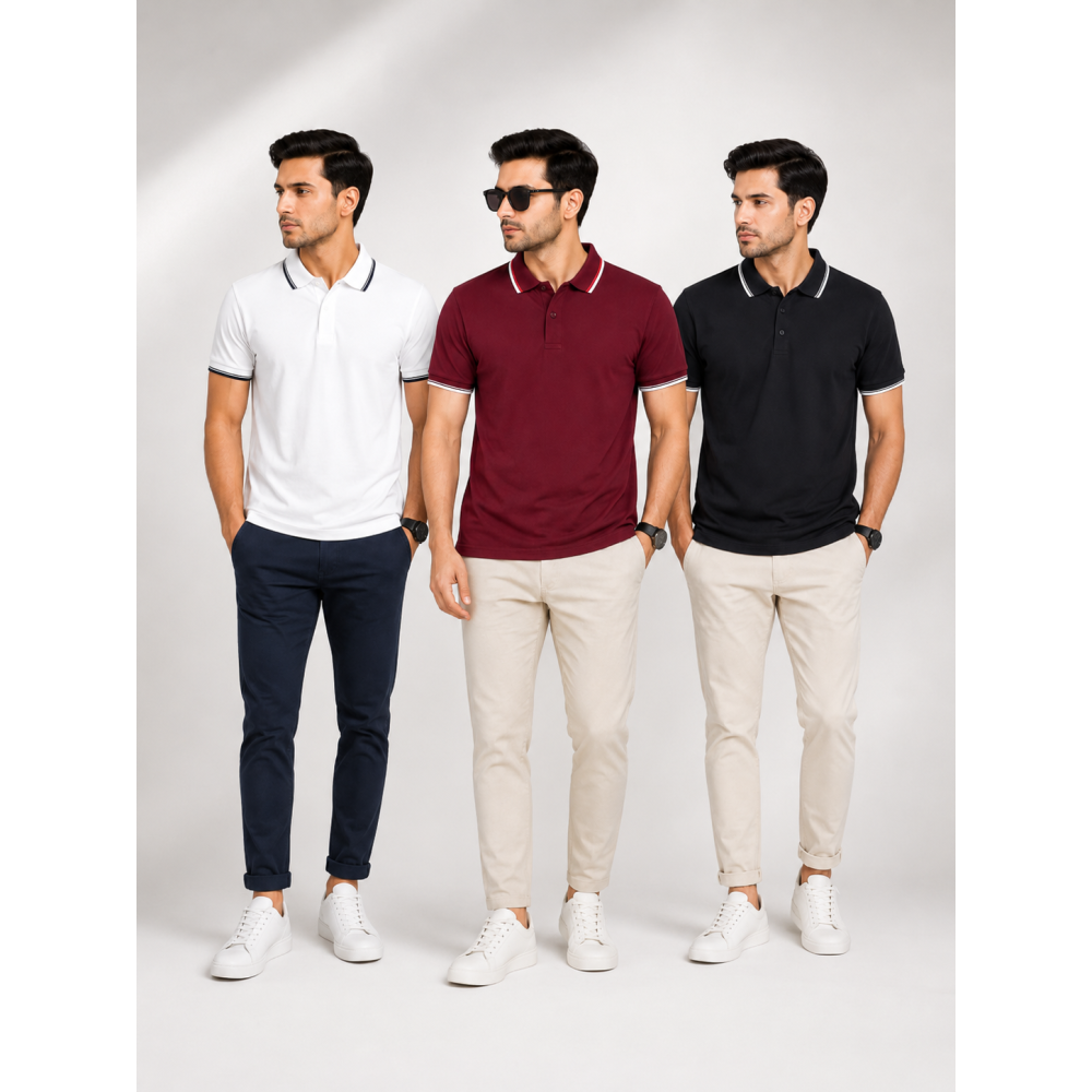 Primo Knit Dotcell Polo T-Shirts Combo Pack of 3 – White, Maroon & Black