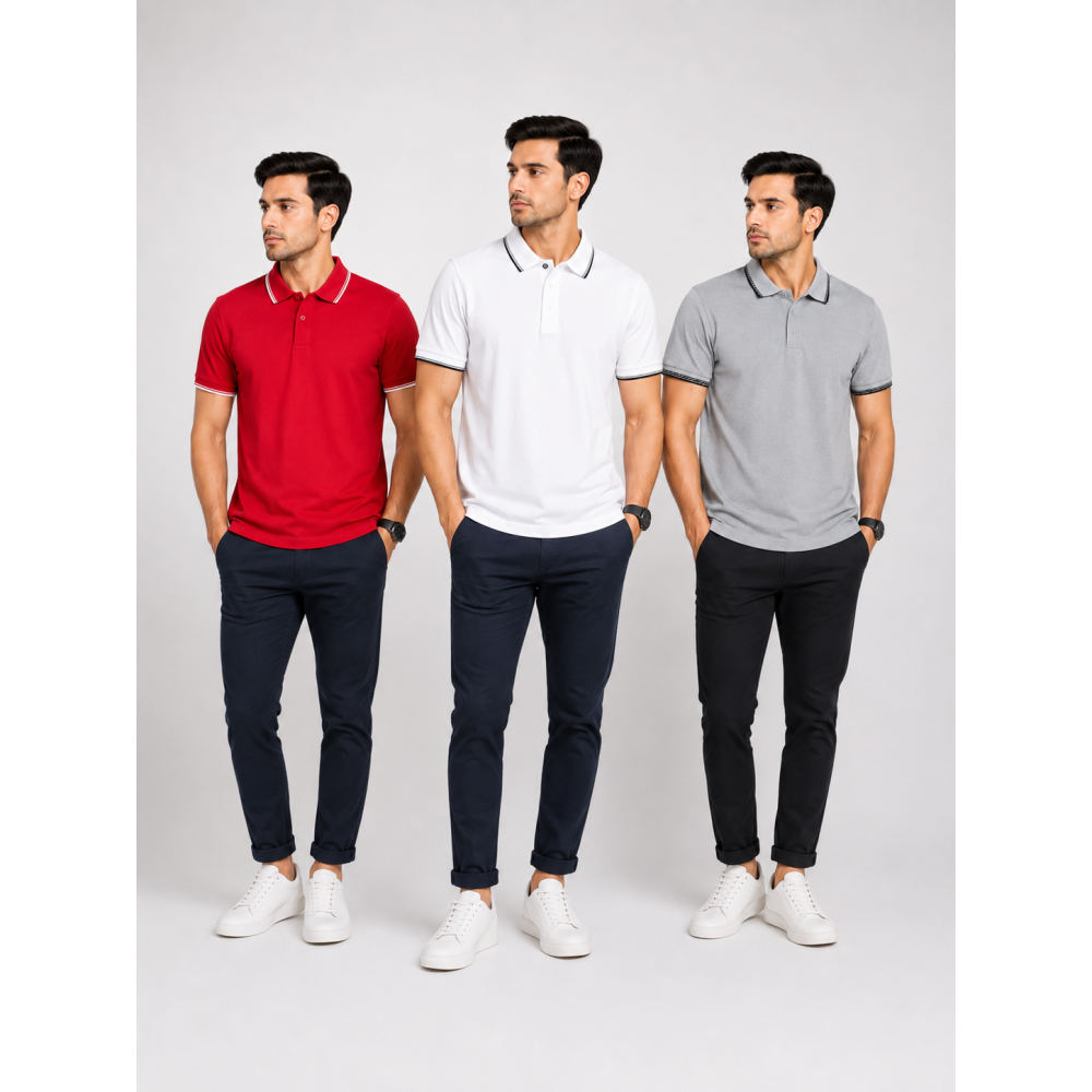 Primo Knit Dotcell Polo T-Shirts Combo Pack of 3 – Red, White & Light Grey