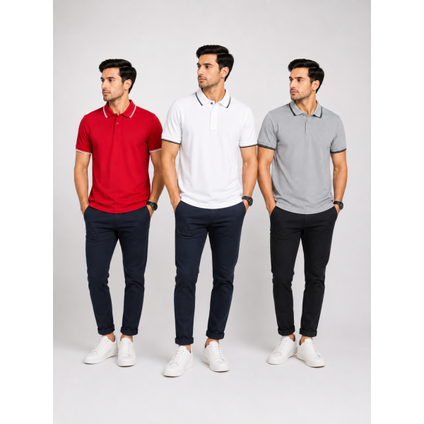 Primo Knit Dotcell Polo T-Shirts Combo Pack of 3 – Red, White & Light Grey
