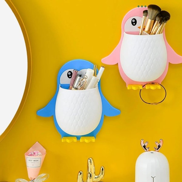 2 Pcs Penguins Shape Toothbrush Holder Plastic Stand for Toothpaste, Comb, Brush, Cream, Lotion Kids Bathroom Cup Drain Waterproof Self-Adhesive(Set of 2,Multicolor) (2)