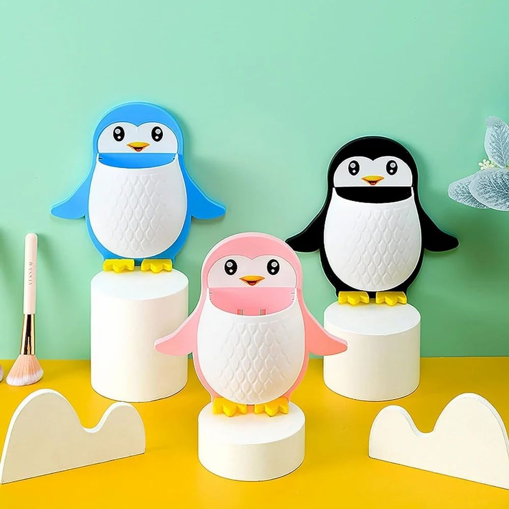 2 Pcs Penguins Shape Toothbrush Holder Plastic Stand for Toothpaste, Comb, Brush, Cream, Lotion Kids Bathroom Cup Drain Waterproof Self-Adhesive(Set of 2,Multicolor) (2)