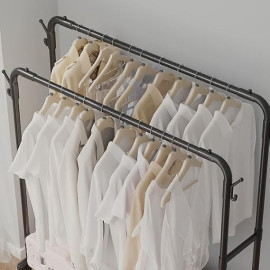 Space-Saving Portable Clothes Rack | Model CR-202 | Double Rod Wardrobe with Hooks & Bottom Shelf | Sturdy 22mm Baked Paint Frame (White, Medium)