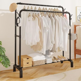 Space-Saving Portable Clothes Rack | Model CR-202 | Double Rod Wardrobe with Hooks & Bottom Shelf | Sturdy 22mm Baked Paint Frame (White, Medium)