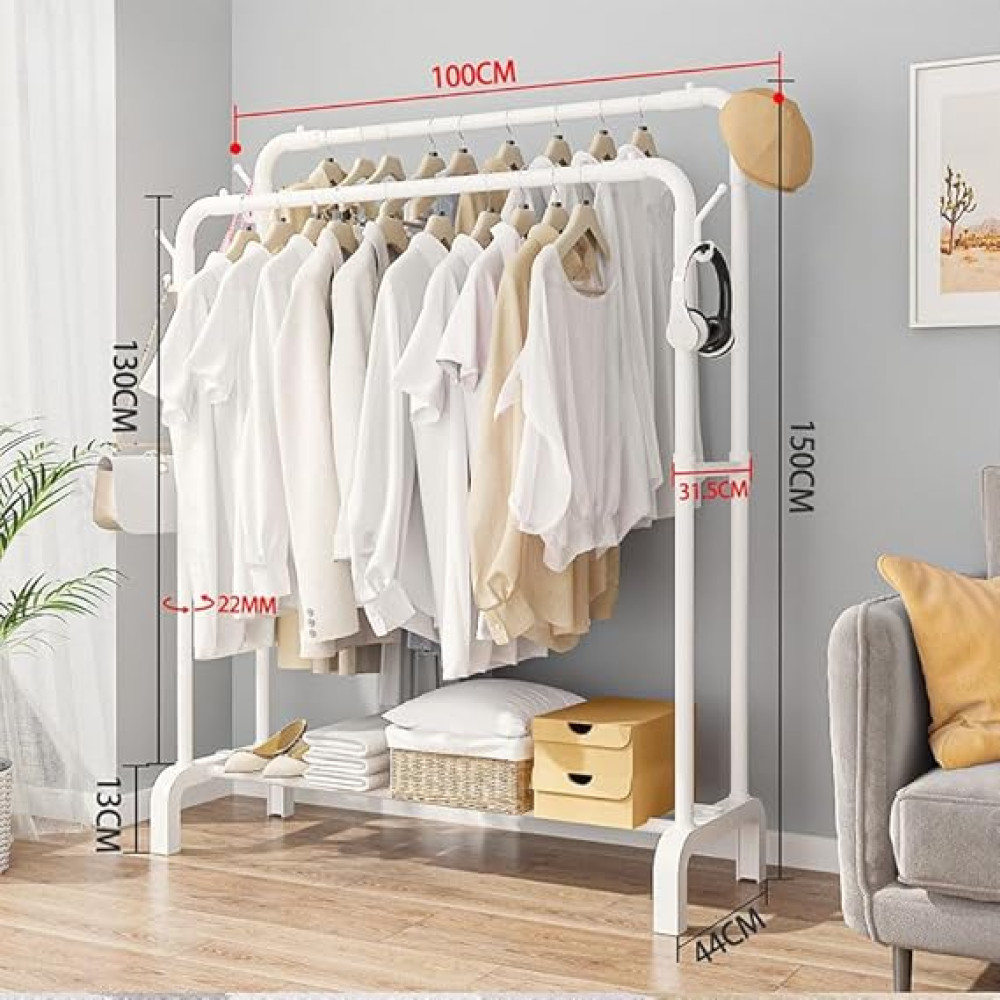 Space-Saving Portable Clothes Rack | Model CR-202 | Double Rod Wardrobe with Hooks & Bottom Shelf | Sturdy 22mm Baked Paint Frame (White, Medium)