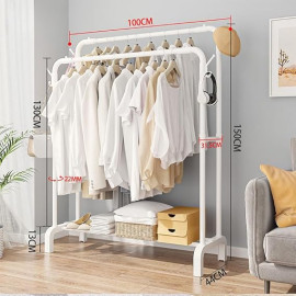 Space-Saving Portable Clothes Rack | Model CR-202 | Double Rod Wardrobe with Hooks & Bottom Shelf | Sturdy 22mm Baked Paint Frame (White, Medium)