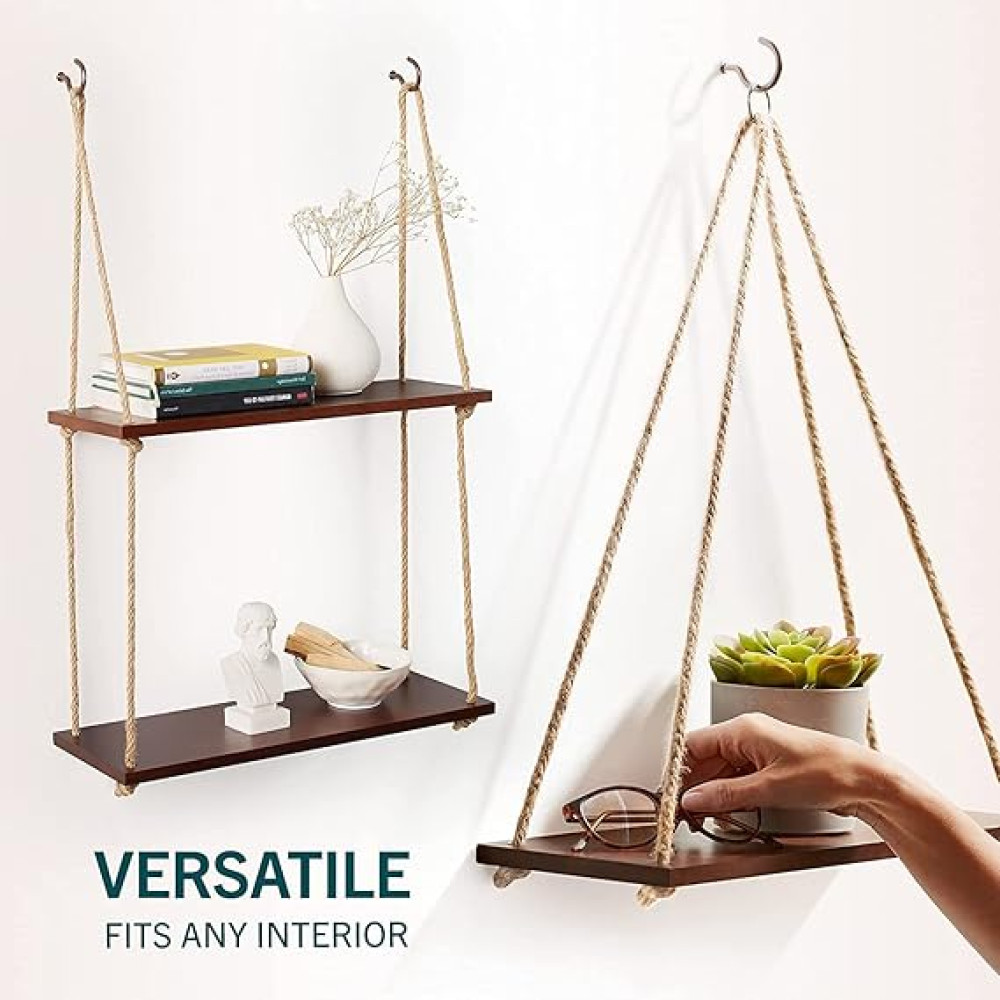 Stylish Adjustable Rope Hanging Shelf | Premium Wooden Wall Decor | Lightweight Hanging Plant Shelf for Bedroom & Living Room (1 Pc)