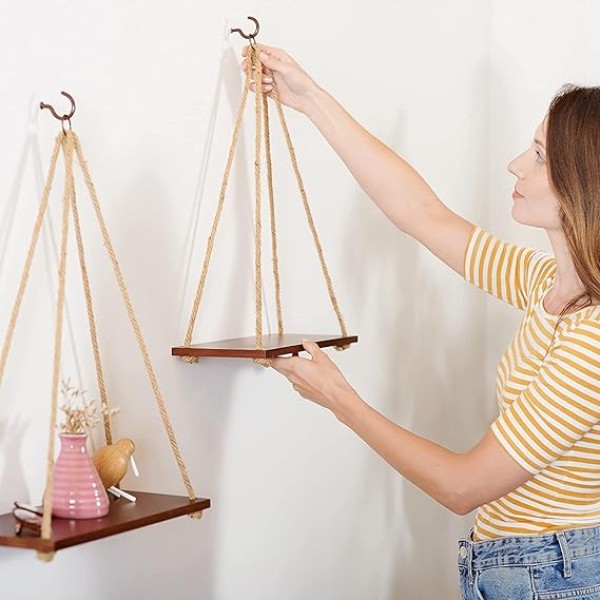 Stylish Adjustable Rope Hanging Shelf | Premium Wooden Wall Decor | Lightweight Hanging Plant Shelf for Bedroom & Living Room (1 Pc)