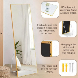 Elegant Aluminum Cheval Mirror,  5 Ft Full-Length Mirror with Stand & Sleek Golden Frame, Vertical Display for Bedroom & Living Room